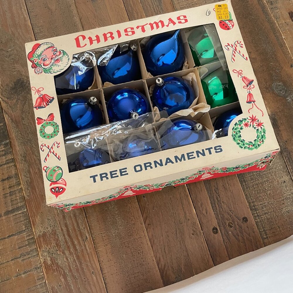 Vintage Christmas Glass Tree Ornaments in Box (12)